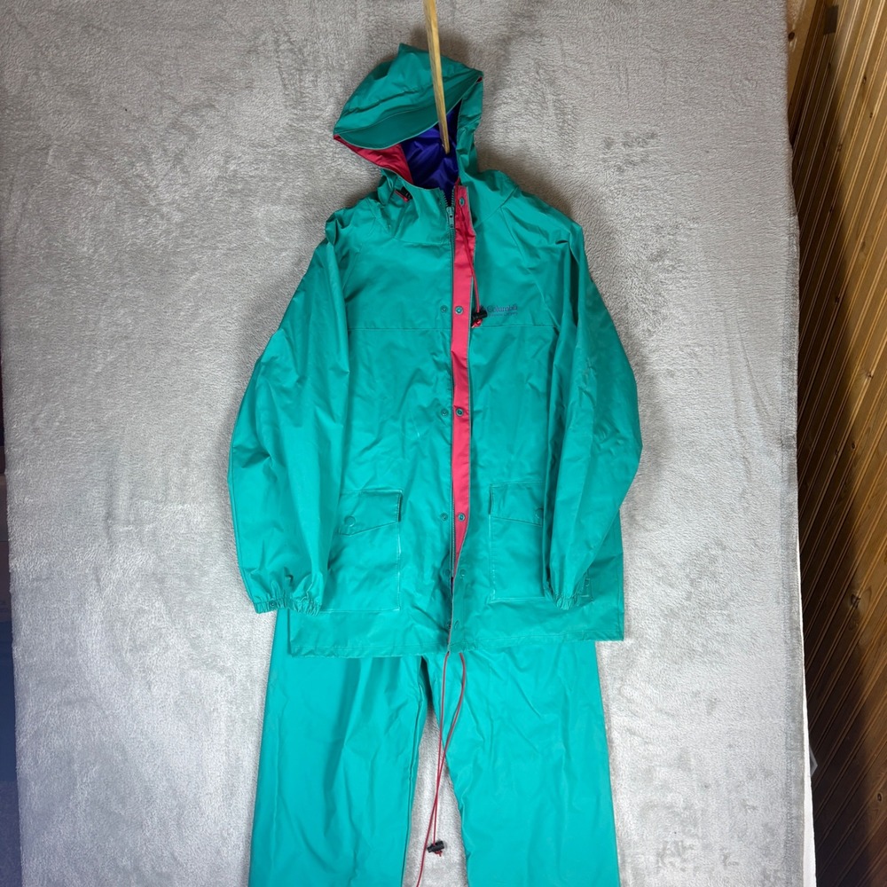 Columbia Rain Suit Youth XL Vintage Hooded Jacket Pants Teal Pink S4 RY0120